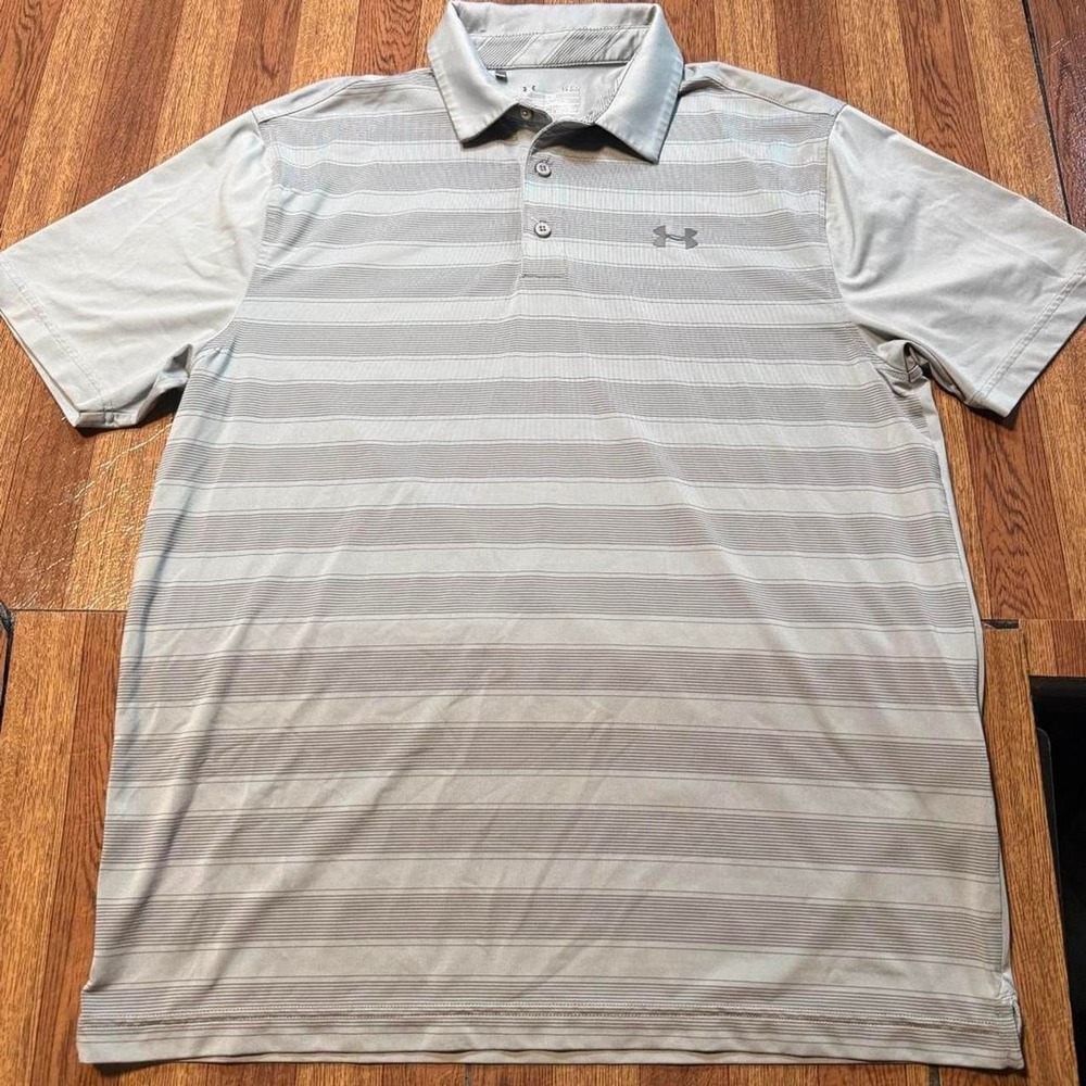 Under Armour Grey Striped Heat Gear‎ Retro Sportswear Golf Polo Button Shirt L